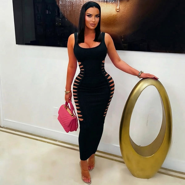 Solid Cutout U-Neck Slim-Fit Bodycon Dress for Fall