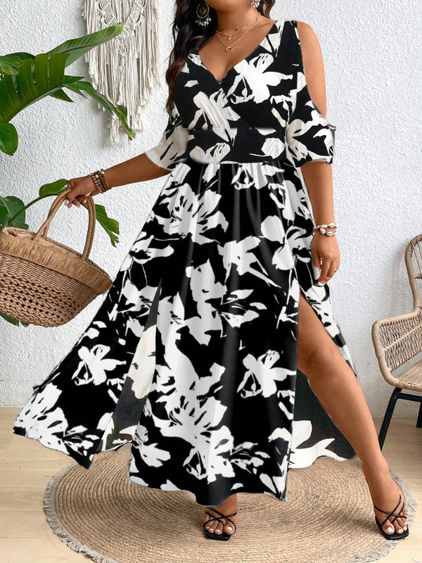 Plus Size Printed V-Neck Slit Maxi Dress for Summer Vacations