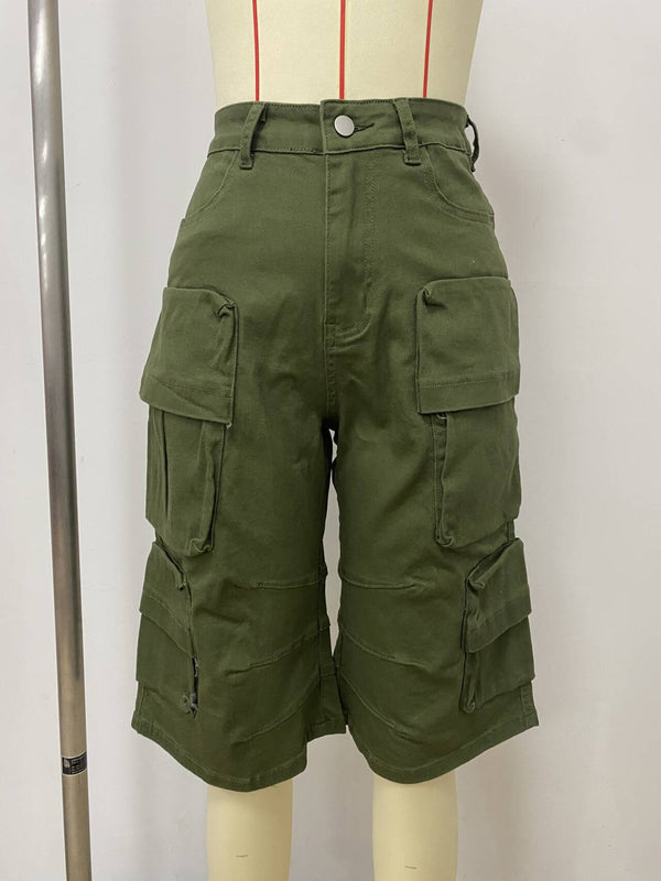 Military Green Wide-Leg Cargo Shorts for Summer Streetwear