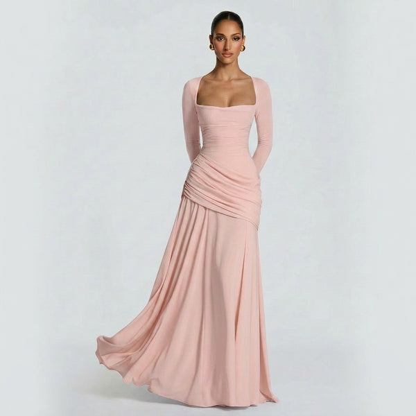 Solid Ruched Slim-Fit Square Neck Long Sleeve Dress for Fall & Winter Events