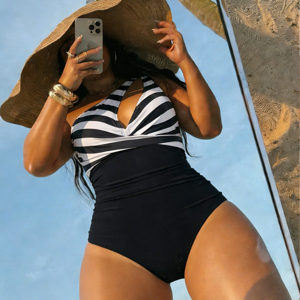 Striped One-Shoulder Hollow-Out One-Piece Swimsuit for Beach Holidays