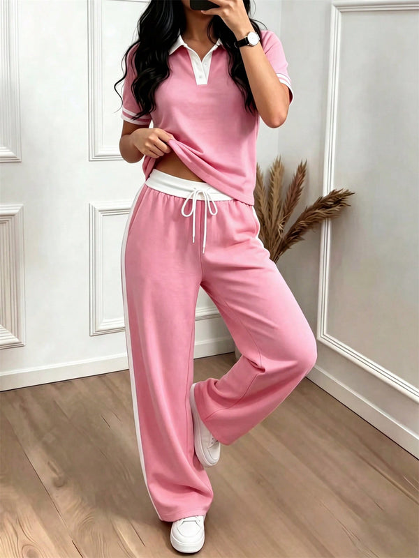 Color Block Polo Collar T-Shirt & Striped Drawstring Pants Set for Casual Wear