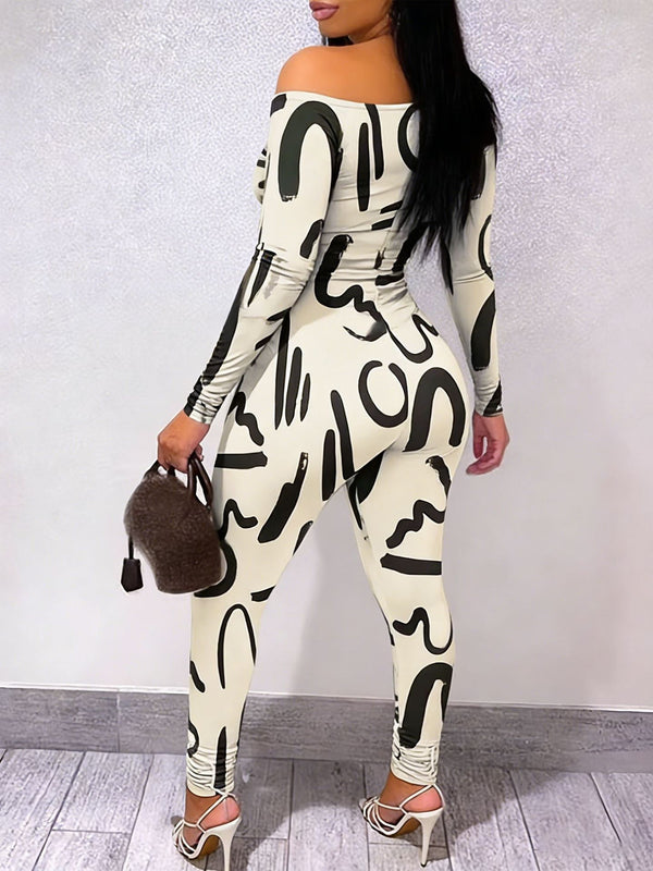 Black & White Printed Off-Shoulder Top & Tight Pants Set