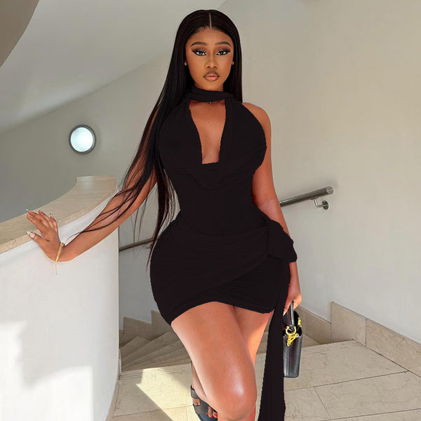 Lace-Up Halter Neck Ruched Mini Dress for Party Wear