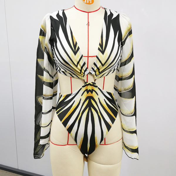 Striped Chiffon Long Sleeve Hollow-Out Deep V One-Piece Swimsuit