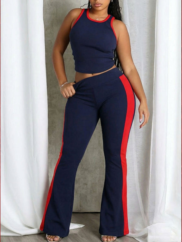 Side Striped Vest & Bell Bottom Pants Set for Casual Outings