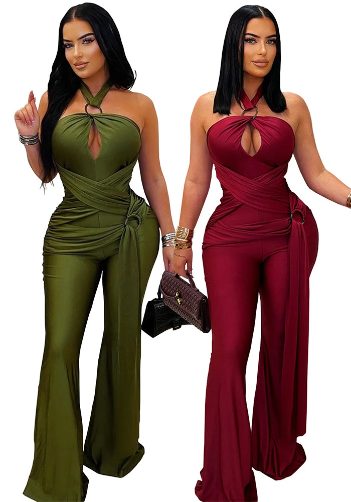 Solid Halter Neck Wide-Leg Jumpsuit for Casual Events