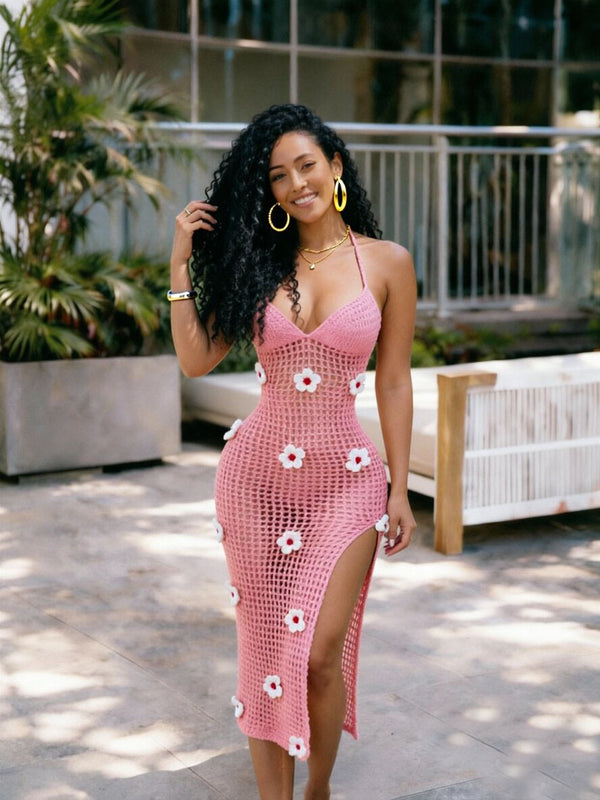 Knitted Crochet Halter Split Mesh Cover-Up Dress for Beachwear