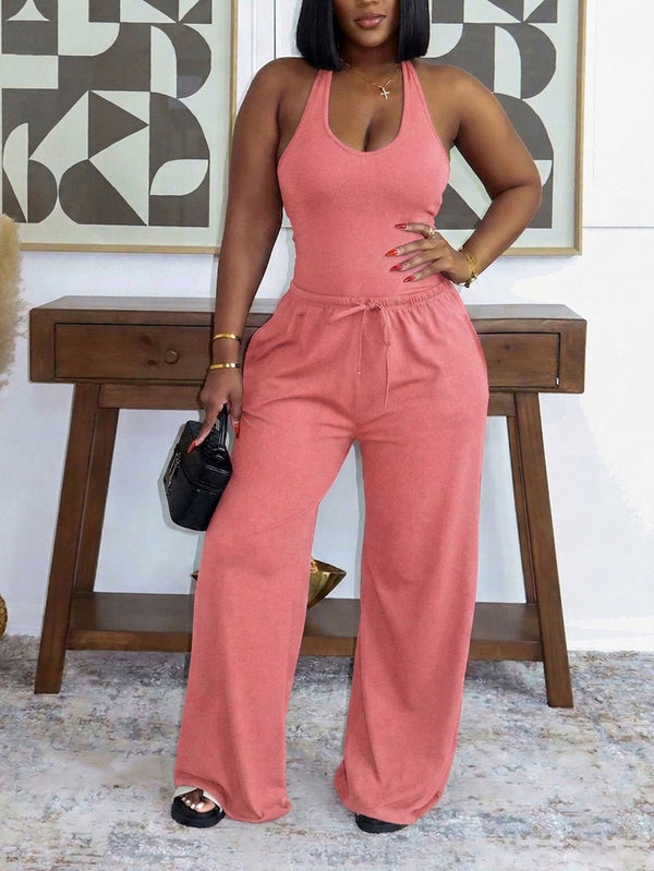 Halter Neck Slim Vest & Drawstring Wide Leg Pants Tracksuit for Activewear