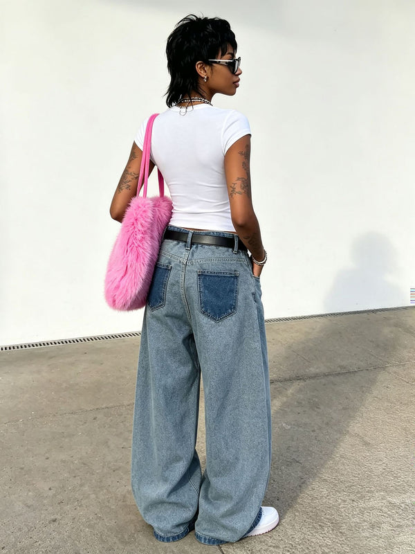 Letter Embroidered Pocket Washed Denim Pants for Streetwear