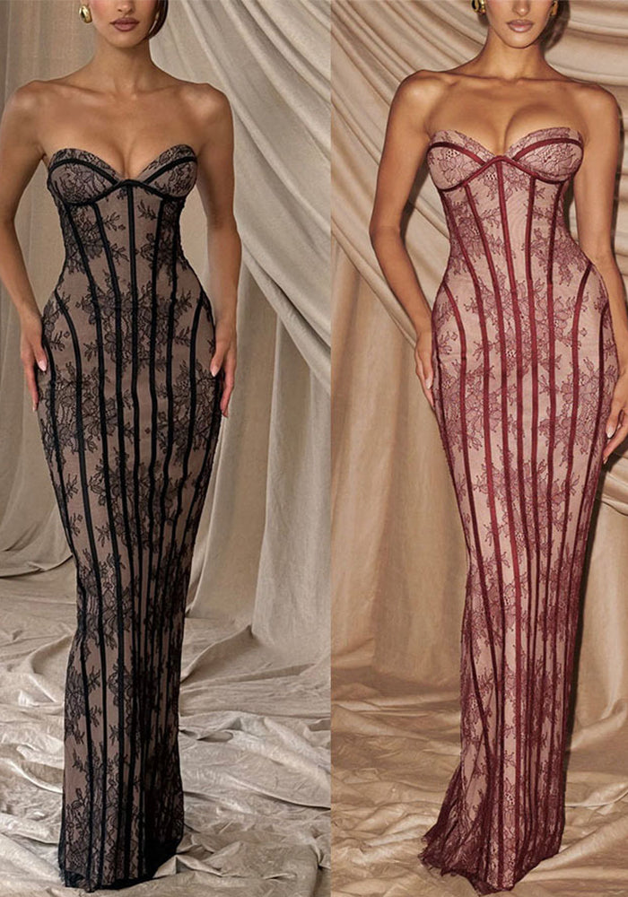 Women Lace Bodycon Party Tie-Waist Maxi Dress