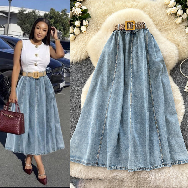 Belted Denim Skirt for Summer Casual Wear