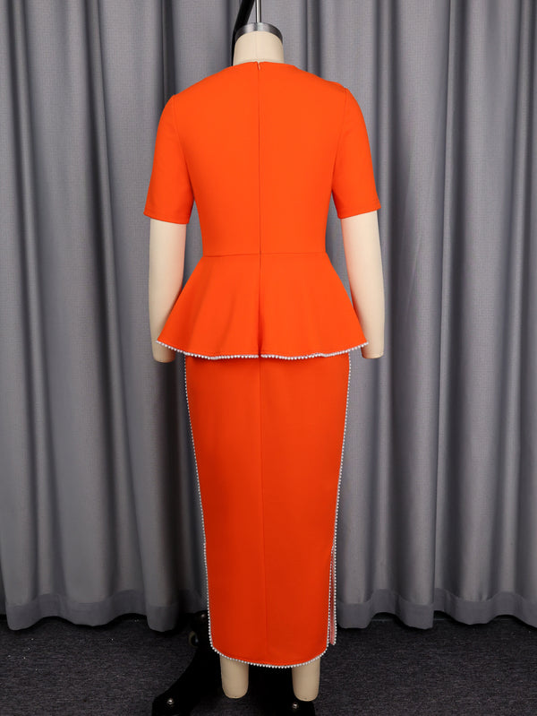 Knitted Chain Decoration Round Neck Ruffled Patchwork Bodycon Dress for Career Wear