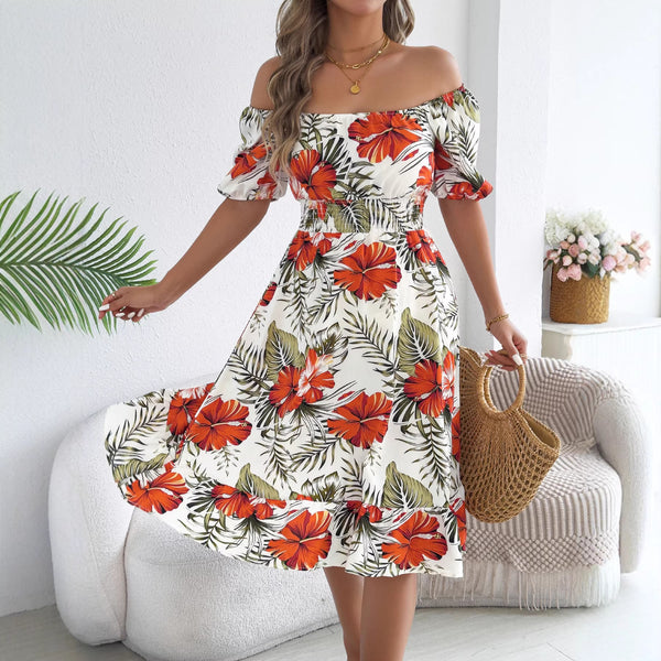 Floral Off-Shoulder Short Sleeve Ruffle Beach Dress for Summer Vacations