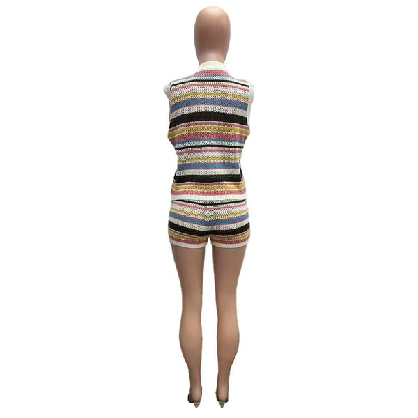 Striped Crochet Sleeveless Top & Shorts Set for Summer
