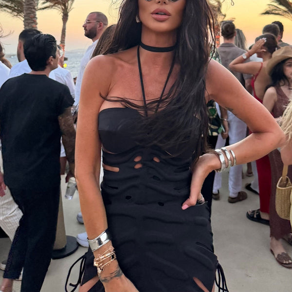 Black Hollow-Out Dress & Bikini Three-Piece Set for Beach Vacations