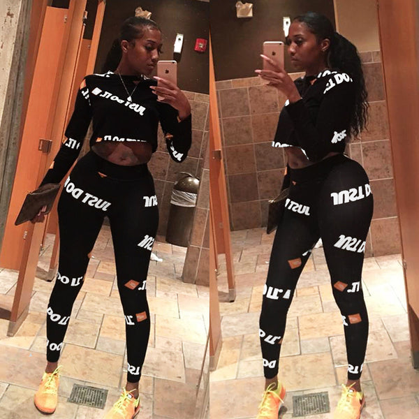 Women's Long Sleeve Letter Print Sports Two-Piece Set Yoga Outfit