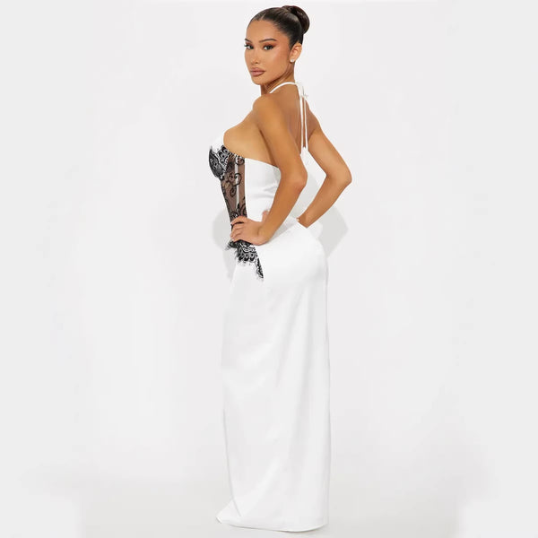 Women Sexy Lace Patchwork Halter Neck Backless Bodycon Dress