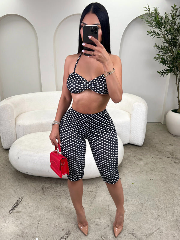 Halter Neck Polka Dot Two-Piece Shorts Set for Club Wear
