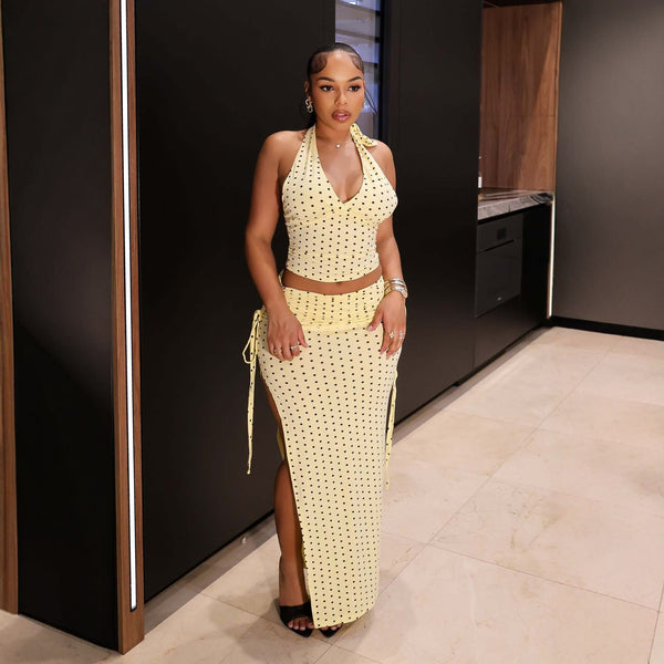 Polka Dot Halter Backless High Slit Pleated Set for Spring & Summer