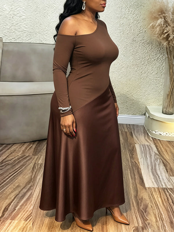 Plus Size Slash Shoulder Long-Sleeve Patchwork Maxi Dress