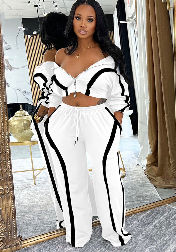 Zipper Cropped Top & Wide-Leg Pants Sport Set for Activewear