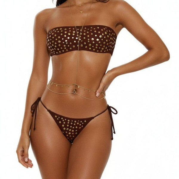 Metal Dot Strapless Lace-Up Two-Piece Bikini Swimsuit