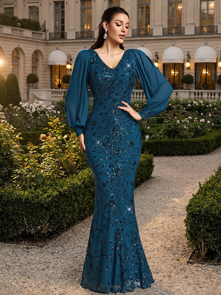 V-Neck Long-Sleeve Mesh Sequin Mermaid Evening Gown