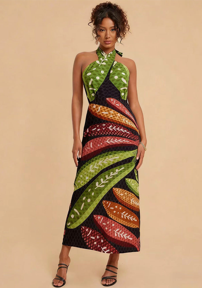 Printed Cross Backless Dress for Summer Beach Vacations