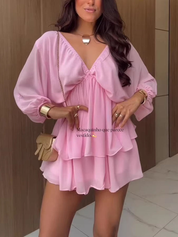 Deep V Solid Chiffon Ruffle Dress for Evening Parties