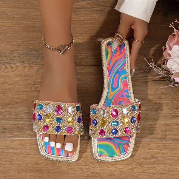 Colorful Rhinestone Flat Slippers for Summer Beachwear