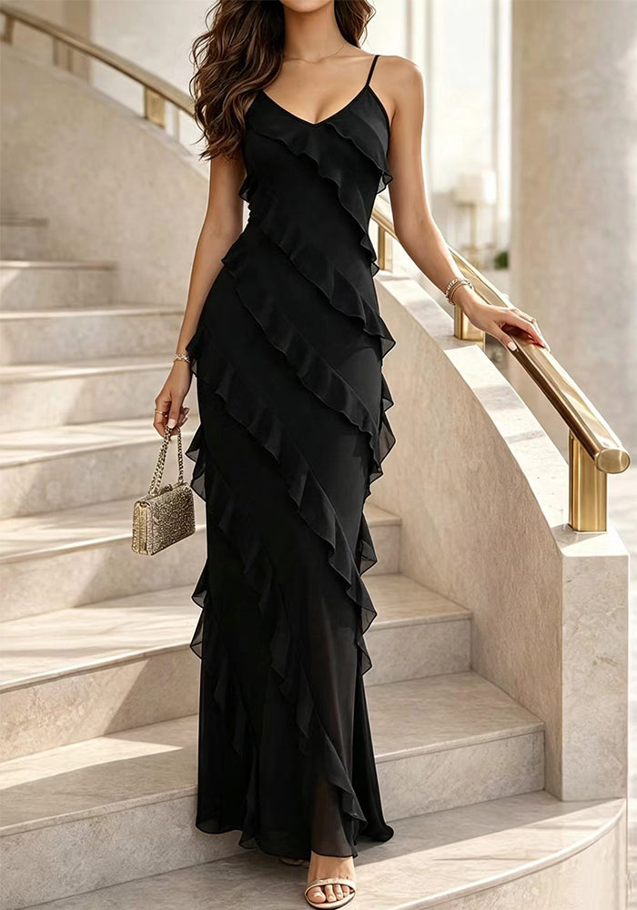 Ruffle-Edge Slit Strap Dress for Beach Holidays