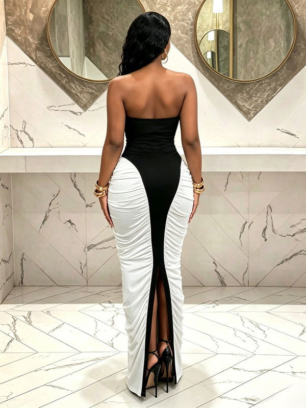 Sleeveless Low-Back Color-Block Ruched Slim-Fit Evening Dress