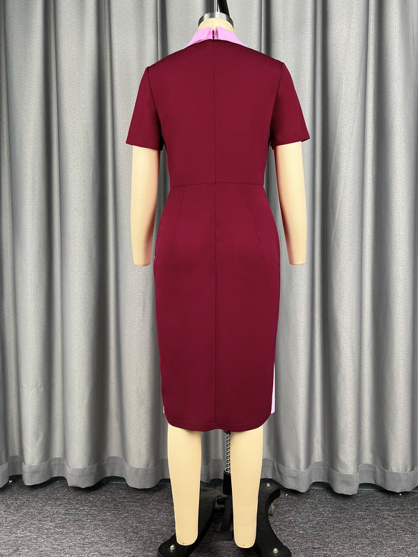 Plus Size Color-Block Shirt-Collar Short-Sleeve Bodycon Dress
