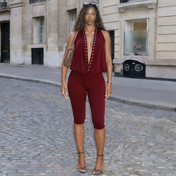 Studded Halter Backless 3/4 Jumpsuit for Spring Clubbing