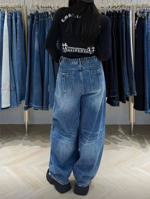 American Style Faux Two-Piece Denim Wide-Leg Pants for Streetwear
