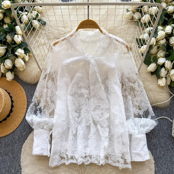 Mesh Long Sleeve Lace Embroidered Bow Top for Evening Events