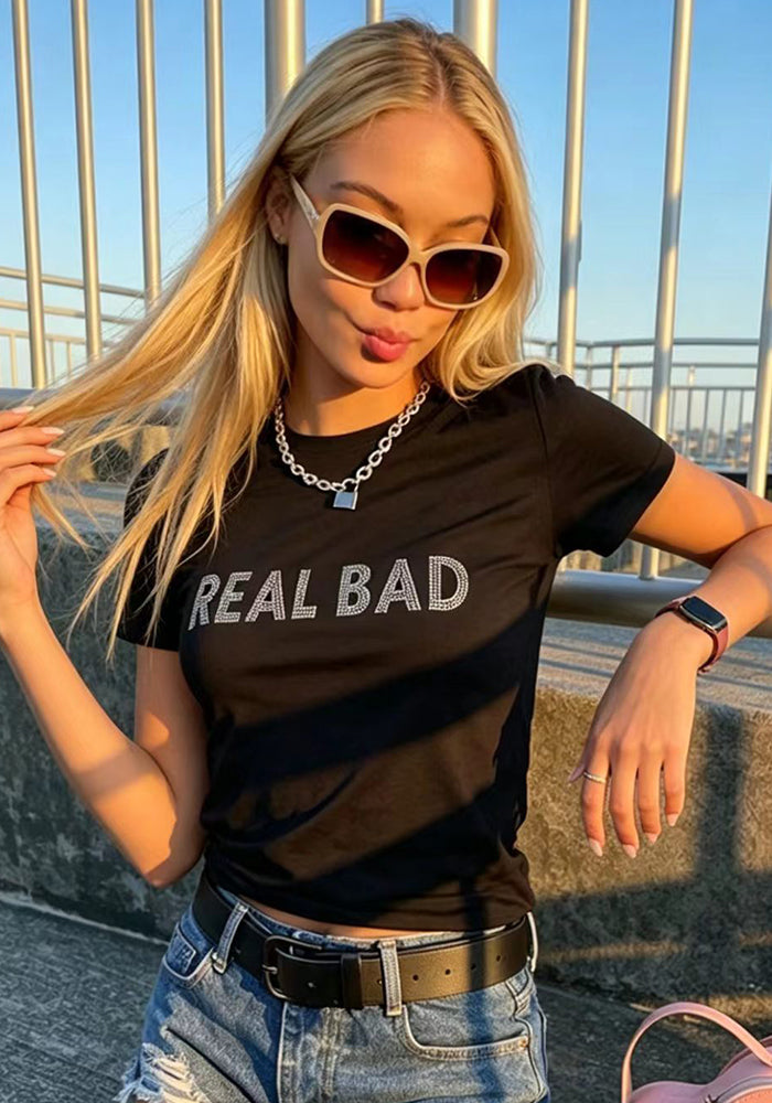 Beaded Letter Round Neck T-Shirt for Casual Streetwear