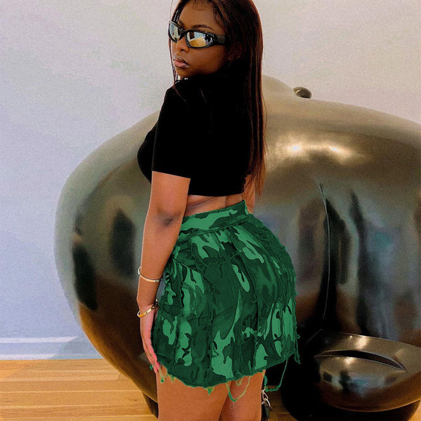 Fringed Camouflage Mini Skirt for Spring/Summer Streetwear