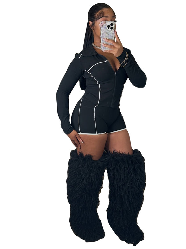 Zippered Long-Sleeve Thumb-Hole Athletic Top & Shorts Set