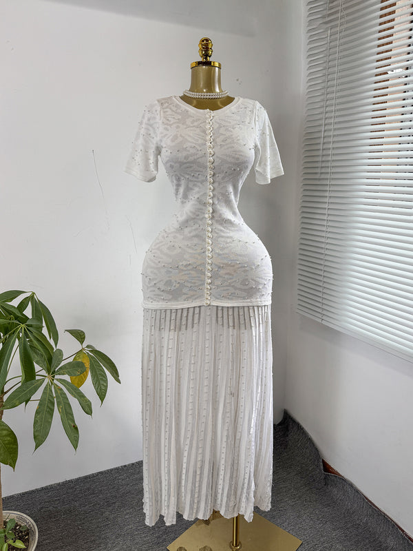 Pearl-Embellished Knitted Short-Sleeve Slim-Waist Pleated Maxi Dress