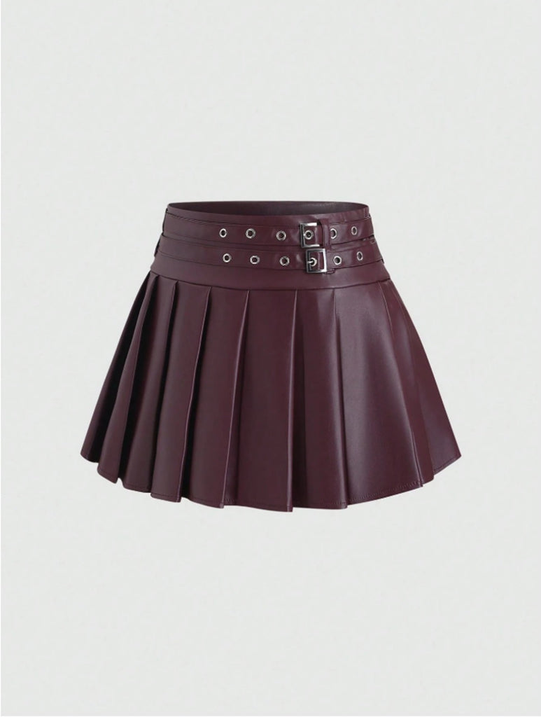 Women Black Pu Leather Pleated Skirt