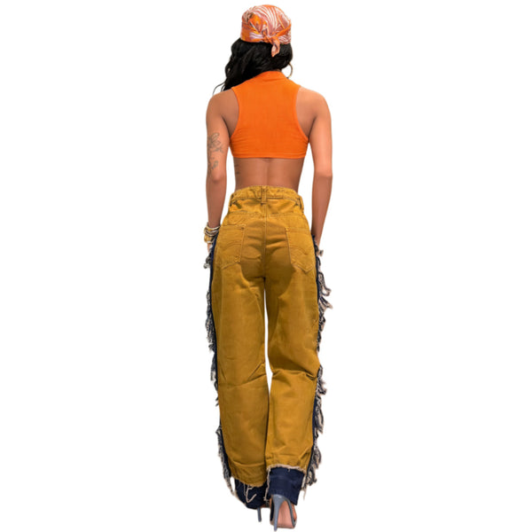 Tassel Patchwork Color Block Denim Pants for Casual Streetwear