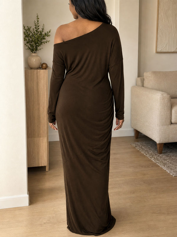 Solid Long-Sleeve Slash-Shoulder Slim-Fit Maxi Dress for Casual Wear