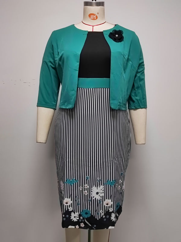 Plus Size African Coat & Printed Dress Two-Piece Set for Casual Wear