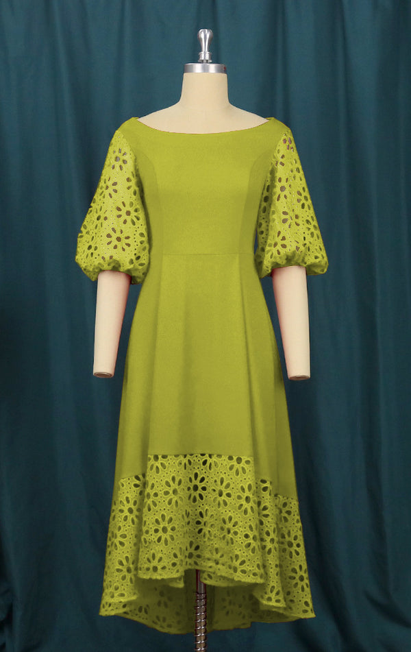 Women's African Elegant Cut-Out Puff Sleeve Slim Waist A-Line Irregular Party Dress