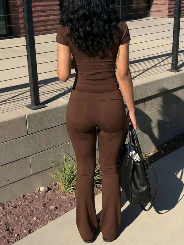 Retro Brown Slim Fit Top & High Waist Pants Set for Casual Wear