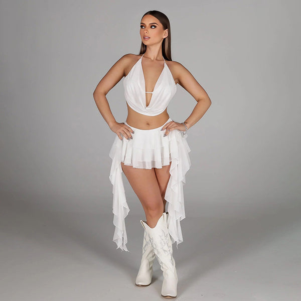 Mesh Halter Draped Lace-Up Top & Ruffle Skort Set for Summer