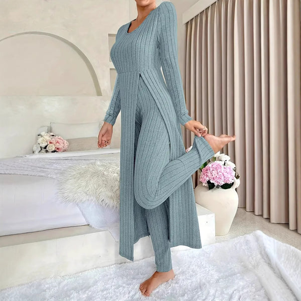 Round Neck Long-Sleeve Slit Two-Piece Pants Set for Spring