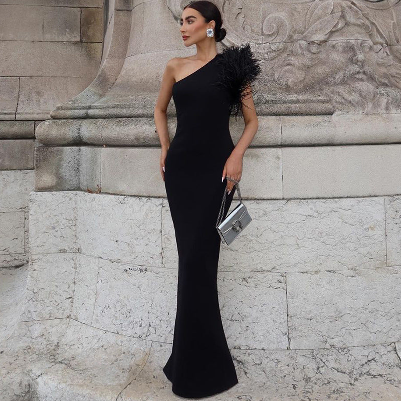 Slash Shoulder Feather Patchwork Evening Dress
